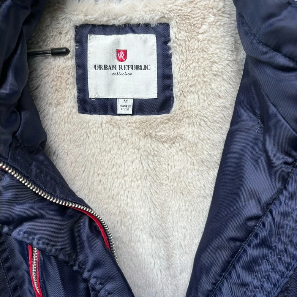 Urban Republic Navy Coat with Red Accents and Faux Fleece Lined Hoodie Size M - Picture 3 of 10